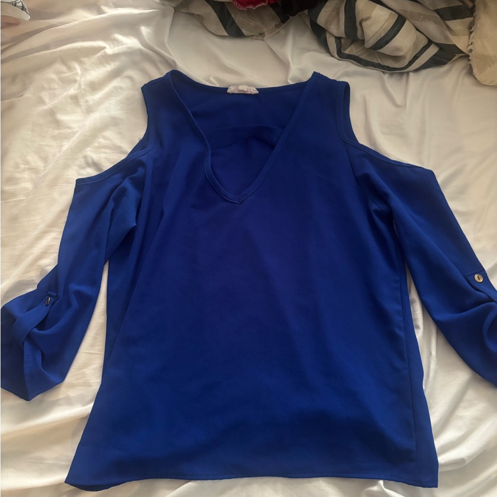 a'gaci Royal Blue Cold Shoulder Blouse